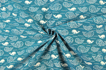 Jacquard-Dekostoff - Reise der Wale - Türkis/Creme 
