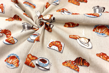 Dekostoff Leinen-Look - Kaffee und Croissant 