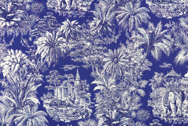 Baumwollstoff mit buntem  Toile de Jouy - Blau 