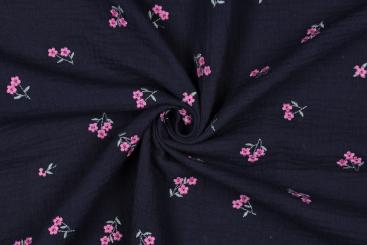 Musselin-Stoff mit gestickten Blumen - Nachtblau 