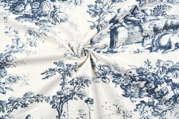 Dekostoff Toile de Jouy - Kuhweide - Creme/Blau - 280 cm breit 