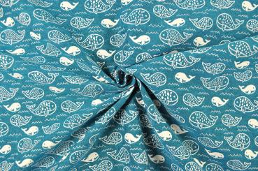 Jacquard-Dekostoff - Reise der Wale - Türkis/Creme 