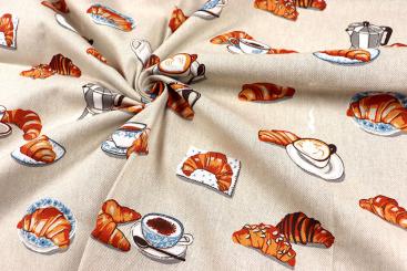 Dekostoff Leinen-Look - Kaffee und Croissant 
