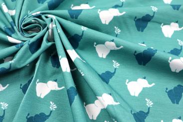 Blauer Jersey Stoff mit glücklichen Elefanten 