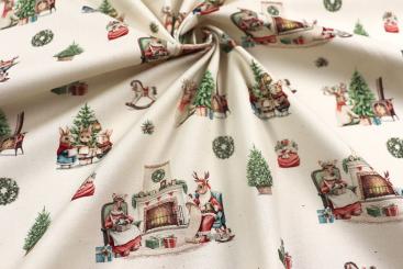 Baumwoll-Weihnachtsstoff mit Rentier-Familie 