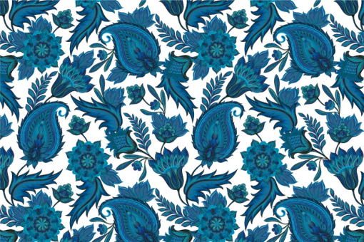 Blackout-Stoff perm. schwer entflammbar - Orientalisches Paisley Weiß/Blau