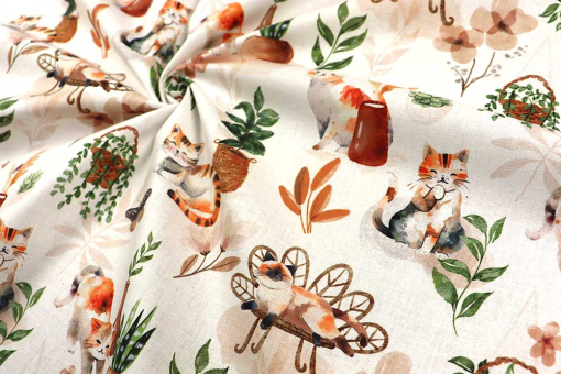 Baumwoll-Stoff mit Katzen und Pflanzen 