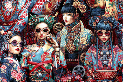 Gobelin-Stoff mit asiatischem Steampunk 