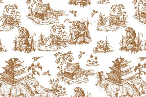 Dekostoff - Toile de Jouy - Chinoiserie Style Orange