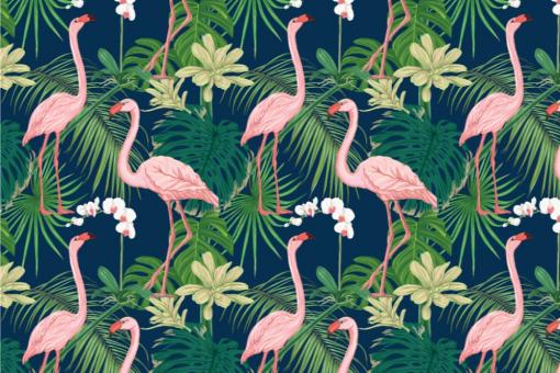 Samtstoff - Flamingos im Dschungel Royalblau
