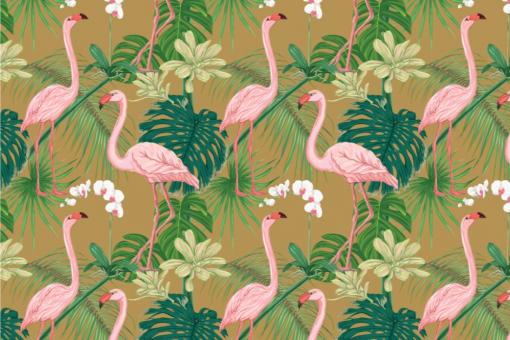 Samtstoff - Flamingos im Dschungel Gold