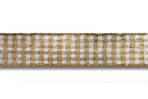 Drahtkantenband - Vichy-Karo-Metallic - 25 mm breit - 20 m Gold