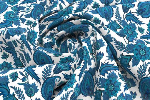 Blackout-Stoff perm. schwer entflammbar - Orientalisches Paisley Weiß/Blau