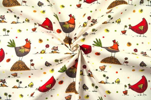 Baumwollstoff - Hühner-Familie - Orange/Rot 
