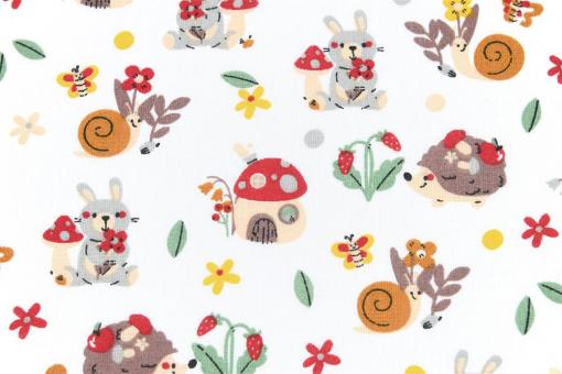 Baumwollstoff mit Hasen und Schnecken 