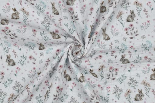 Musselin-Stoff mit Blümchen & Hasen 