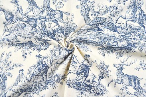 Dekostoff Toile de Jouy - Hunting Season - Creme/Blau - 280 cm breit 