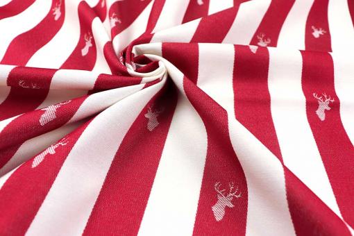 Jacquard-Dekostoff - Streifen mit Hirsch - Rot 