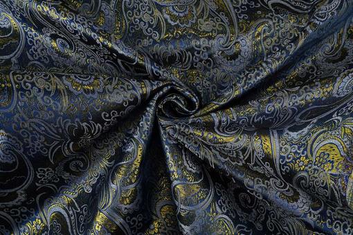 Brokat Stoff mit Paisley Muster - Nachtblau/Gold 