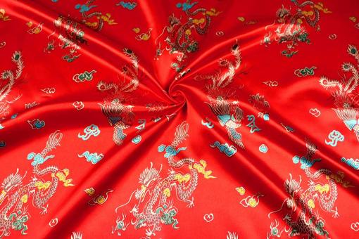 Satin-Stoff mit chinesischem Drachen - Rot 