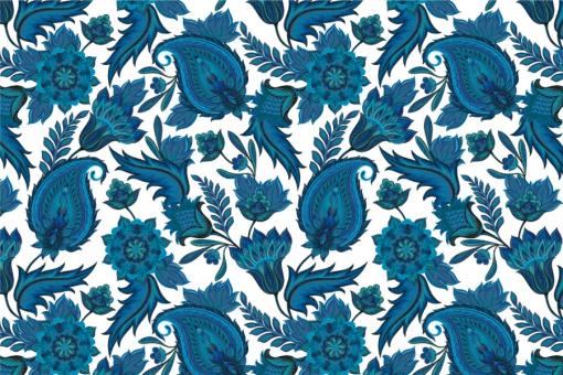 Blackout-Stoff perm. schwer entflammbar - Orientalisches Paisley Weiß/Blau