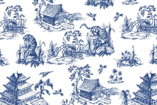 Dekostoff - Toile de Jouy - Chinoiserie Style Blau