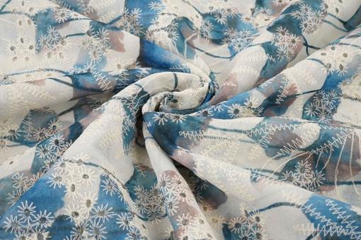 Bekleidungsstoff bestickt - Blauer Mohn 