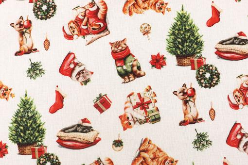 Baumwoll-Weihnachtsstoff mit Katzen 