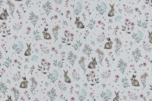 Musselin-Stoff mit Blümchen & Hasen 