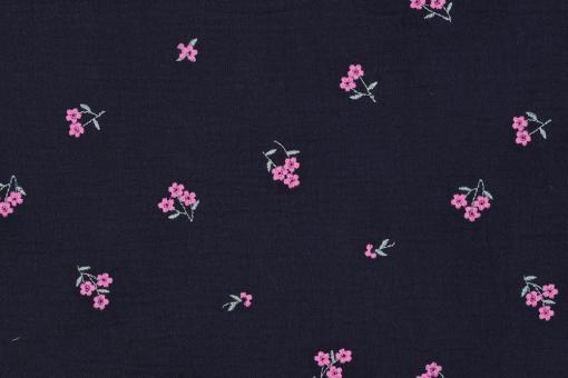 Musselin-Stoff mit gestickten Blumen - Nachtblau 