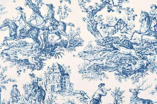 Dekostoff Toile de Jouy - Hunting Season - Creme/Blau - 280 cm breit 