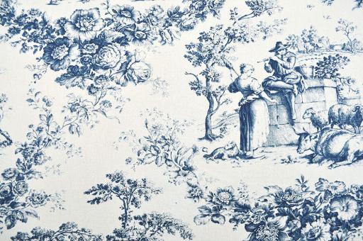 Dekostoff Toile de Jouy - Kuhweide - Creme/Blau - 280 cm breit 