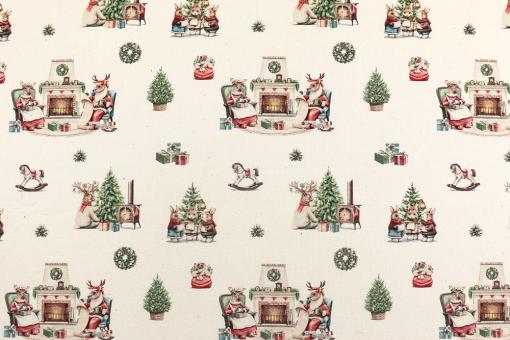 Baumwoll-Weihnachtsstoff mit Rentier-Familie 