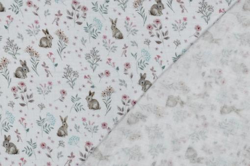 Musselin-Stoff mit Blümchen & Hasen 