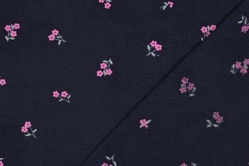 Musselin-Stoff mit gestickten Blumen - Nachtblau 