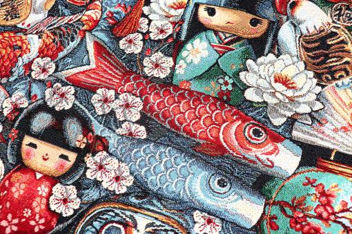 Gobelin-Stoff mit Japan-Souvenirs 
