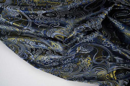 Brokat Stoff mit Paisley Muster - Nachtblau/Gold 