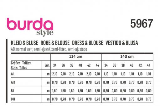 burda Schnittmuster 5967 - Kleid/Bluse legere Form 