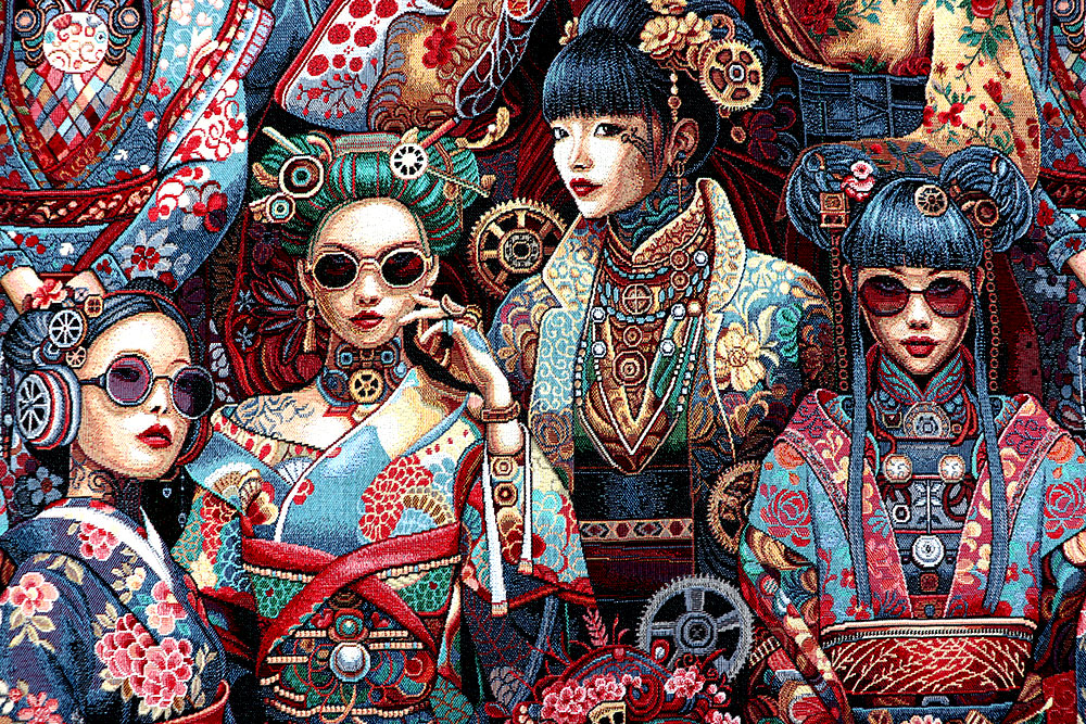 Gobelin-Stoff mit asiatischem Steampunk 