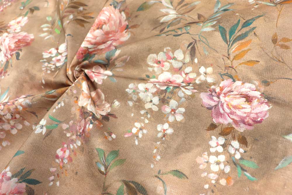 Dekostoff mit Vintage-Rosen in Erdtönen 