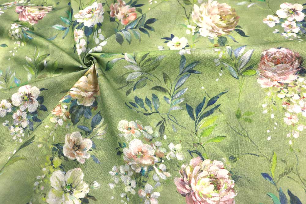 Dekostoff mit grünen Vintage-Rosen 